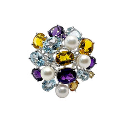 Bague Cocktail LUCIANO SOMENZI en or blanc, améthystes, quartz, topazes et perles