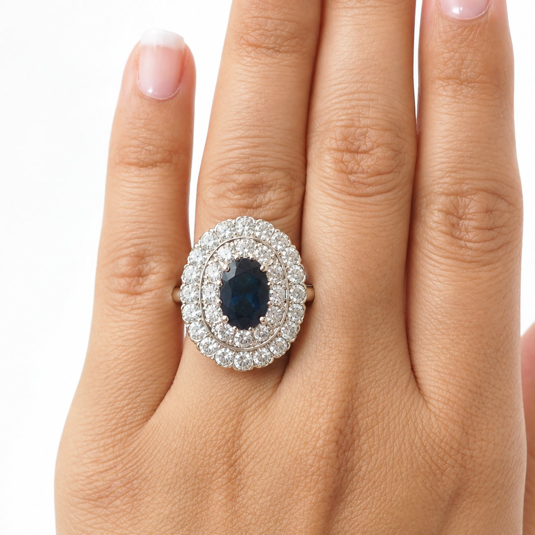 Bague Pompadour en or blanc, or jaune, saphir et diamants