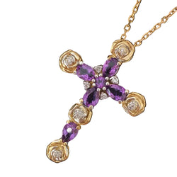 Pendentif Croix en or jaune, or blanc, améthystes, et diamants