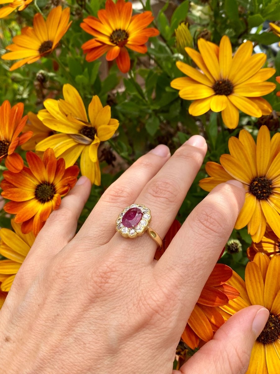 1800 Ruby Diamond Gold Cluster Ring - Castafiore