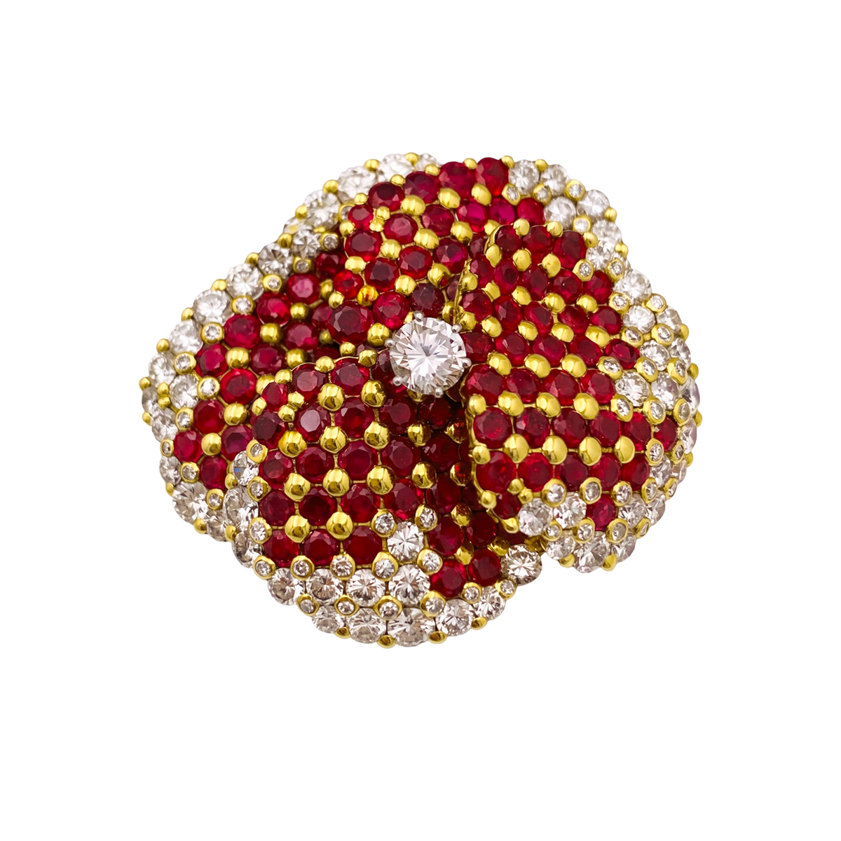 Broche Clip "Pensée" en or jaune, rubis et diamants