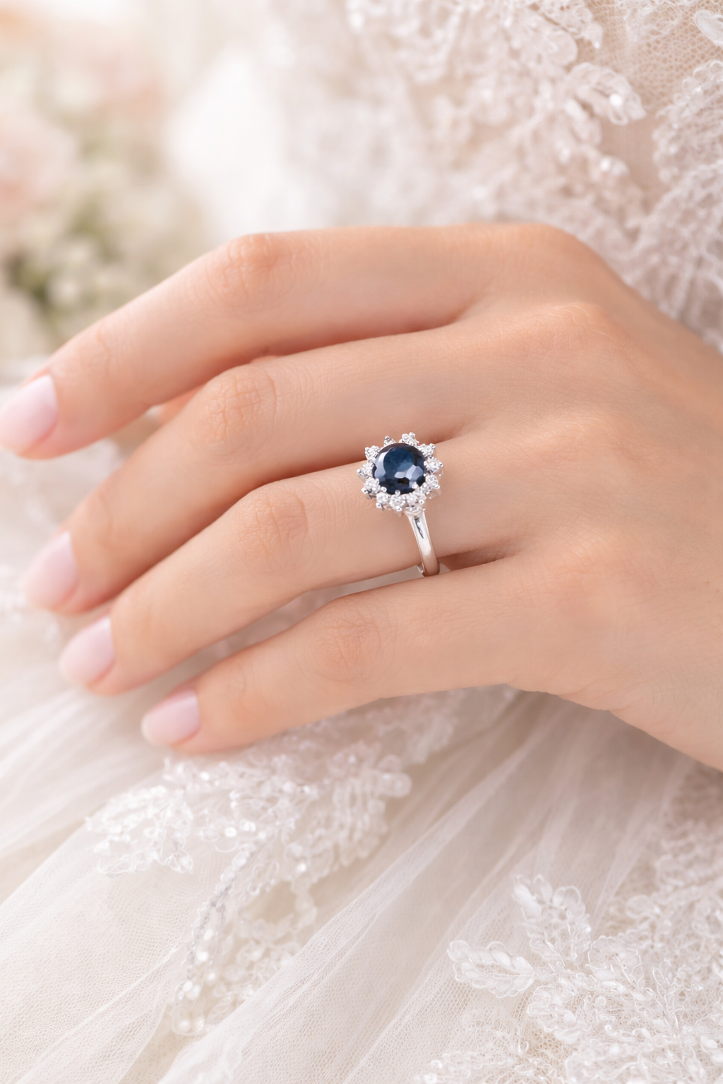 Bague Entourage en or blanc, saphir et diamants