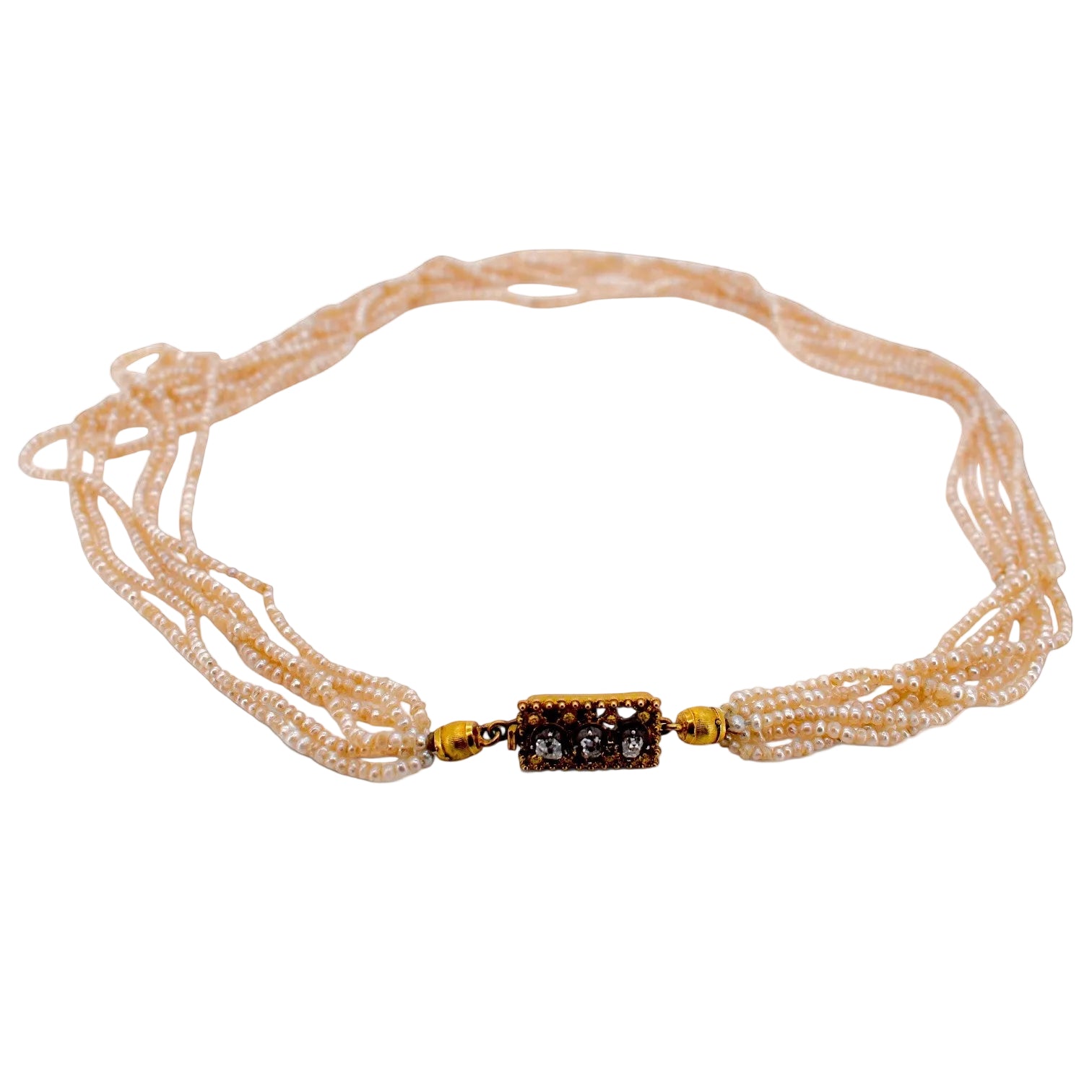 Collier Ras de Cou en or jaune, perles et diamants