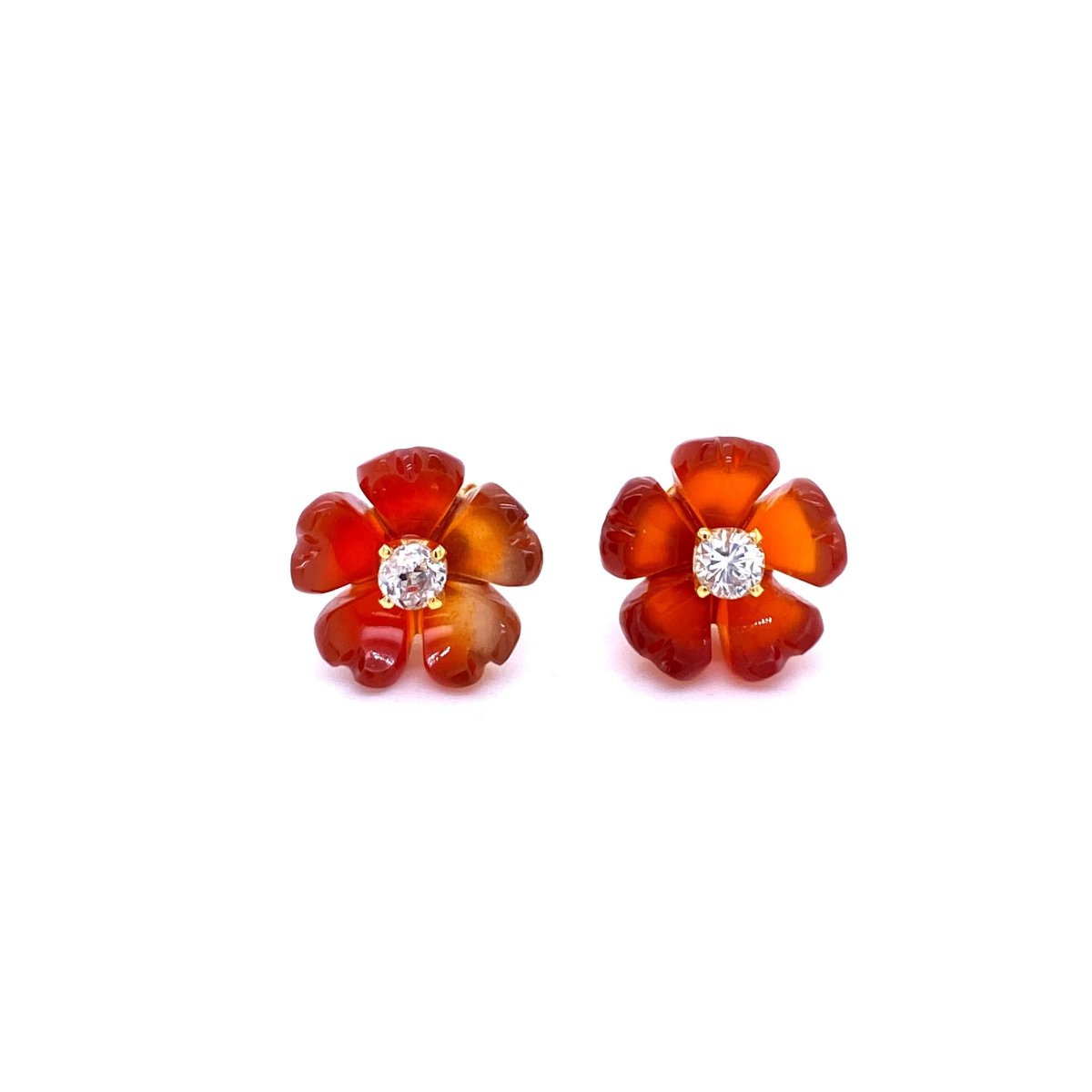 1960s Diamond Carnelian Stud Flower Earrings - Castafiore