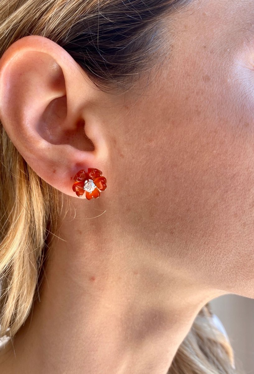 1960s Diamond Carnelian Stud Flower Earrings - Castafiore