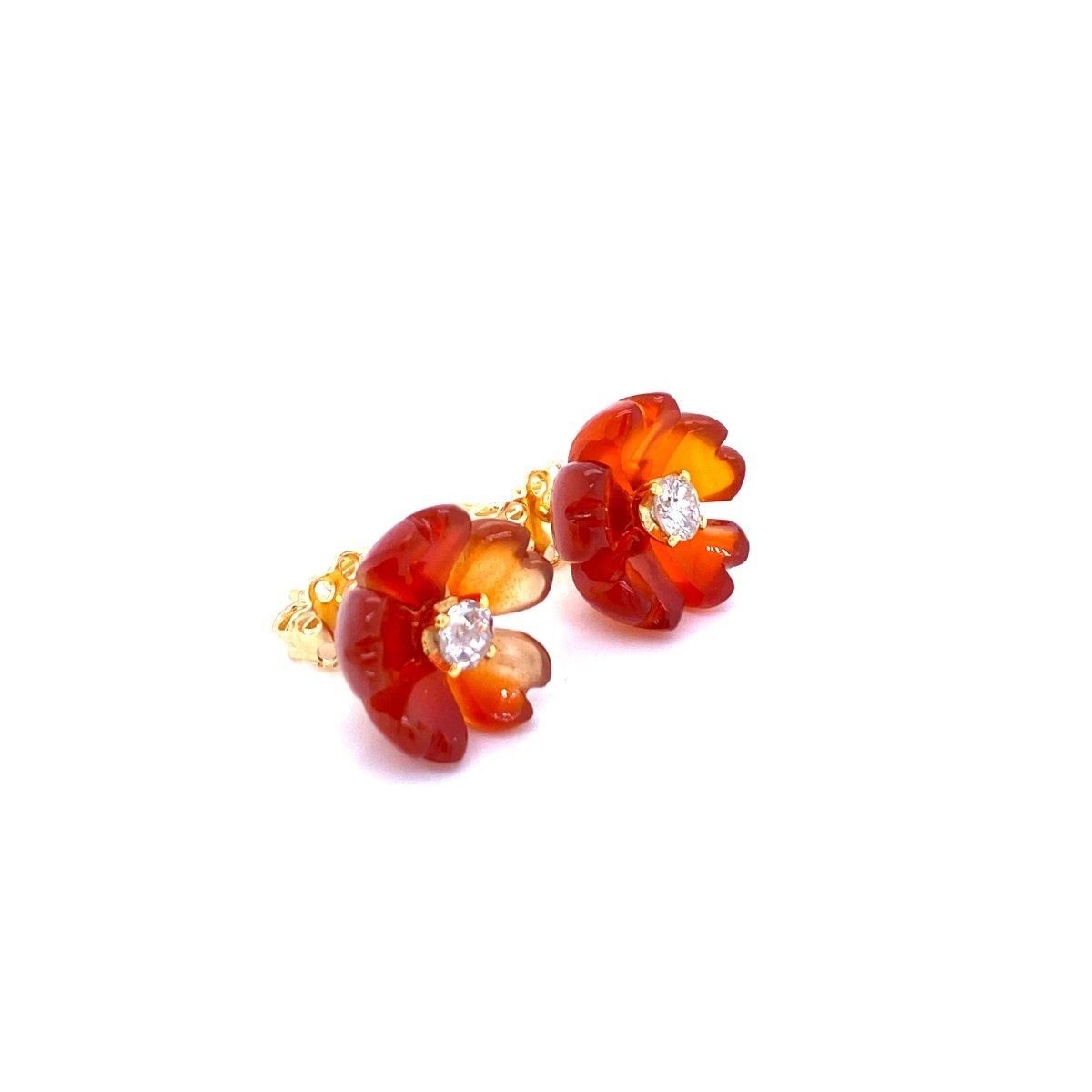 1960s Diamond Carnelian Stud Flower Earrings - Castafiore