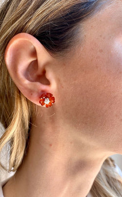 1960s Diamond Carnelian Stud Flower Earrings - Castafiore