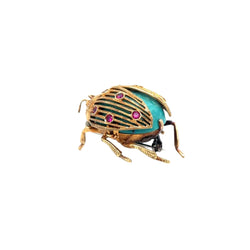 1970s Italian Ladybug Brooch in 18k Gold with Turquoise Enamel and Rubies - Castafiore