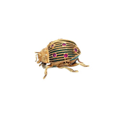 1970s Italian Ladybug Brooch in 18k Gold with Turquoise Enamel and Rubies - Castafiore