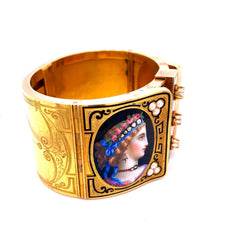 19th Century Austrian Enamel Diamonds Pearls Gold Portraits Bangle - Castafiore