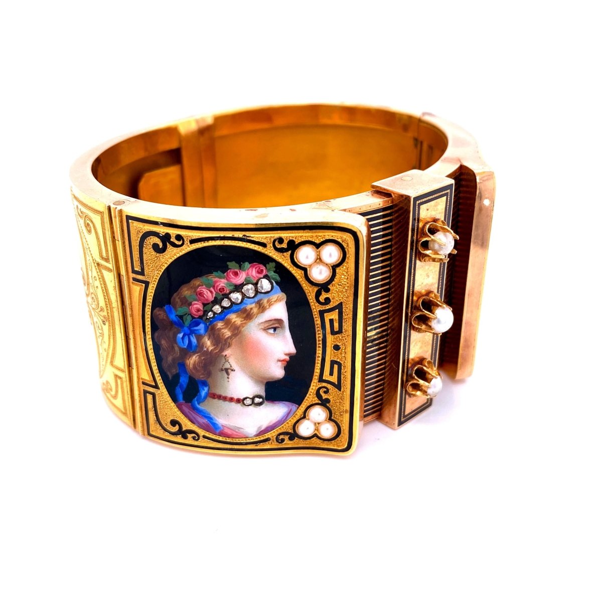 19th Century Austrian Enamel Diamonds Pearls Gold Portraits Bangle - Castafiore