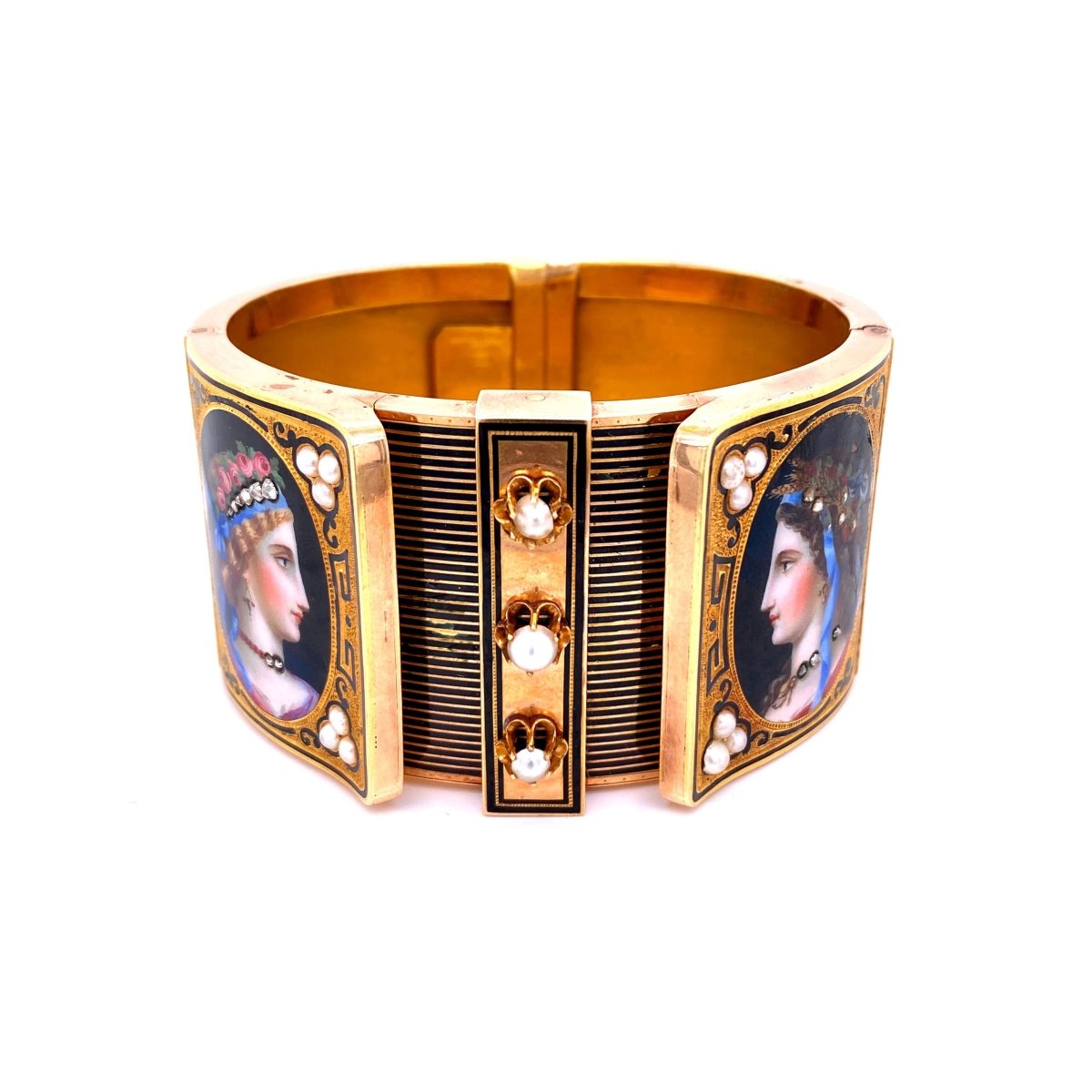 19th Century Austrian Enamel Diamonds Pearls Gold Portraits Bangle - Castafiore