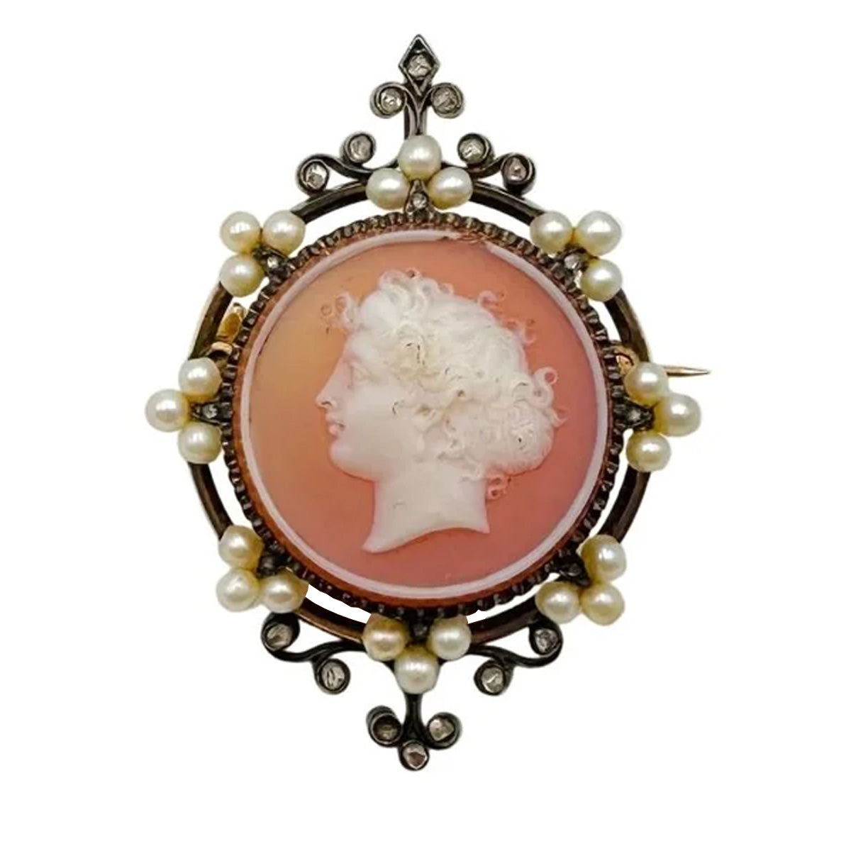 Broche/Pendentif Camée en agate, perles, diamants et or jaune