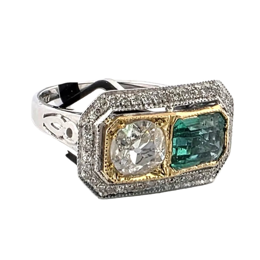 Bague Toi & Moi en or blanc, or jaune, émeraude et diamants