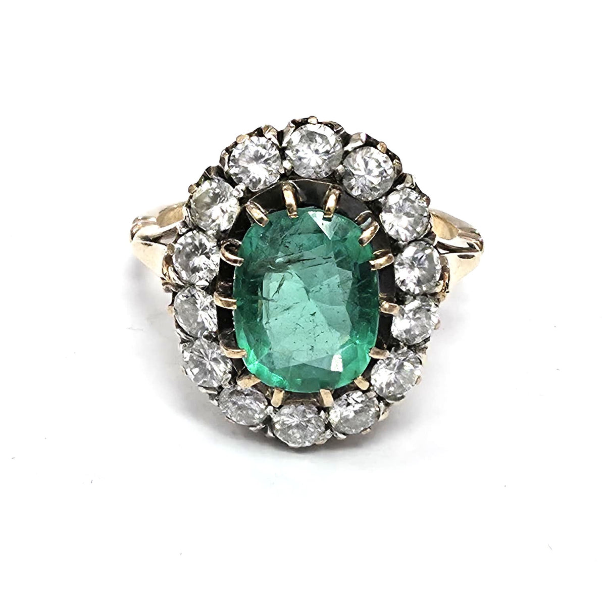 Bague en or jaune, émeraude et diamants