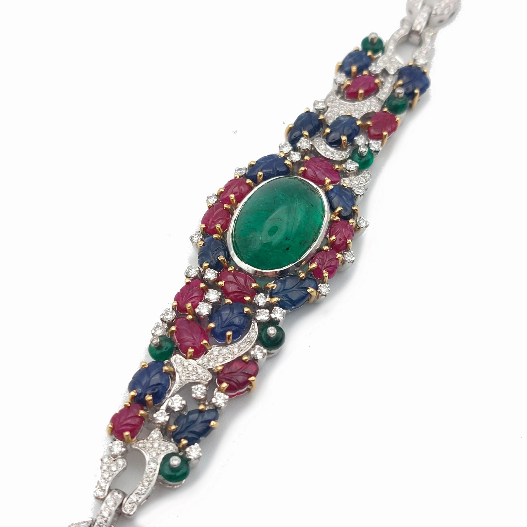 Bracelet Tutti Frutti "rêve indien", cabochon d'émeraude, rubis, saphirs et diamants, or 18k