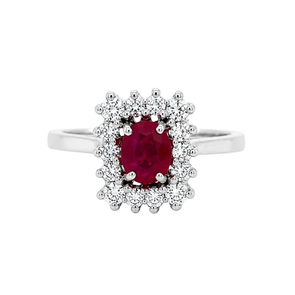 Bague Entourage en or blanc, rubis et diamants