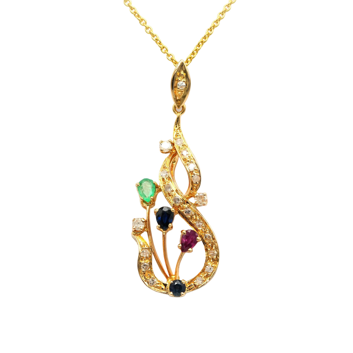 Pendentif en or jaune, rubis, saphirs, émeraudes et diamants