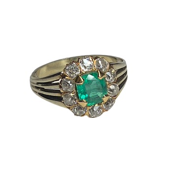 Bague Entourage en or jaune, émeraude et diamants