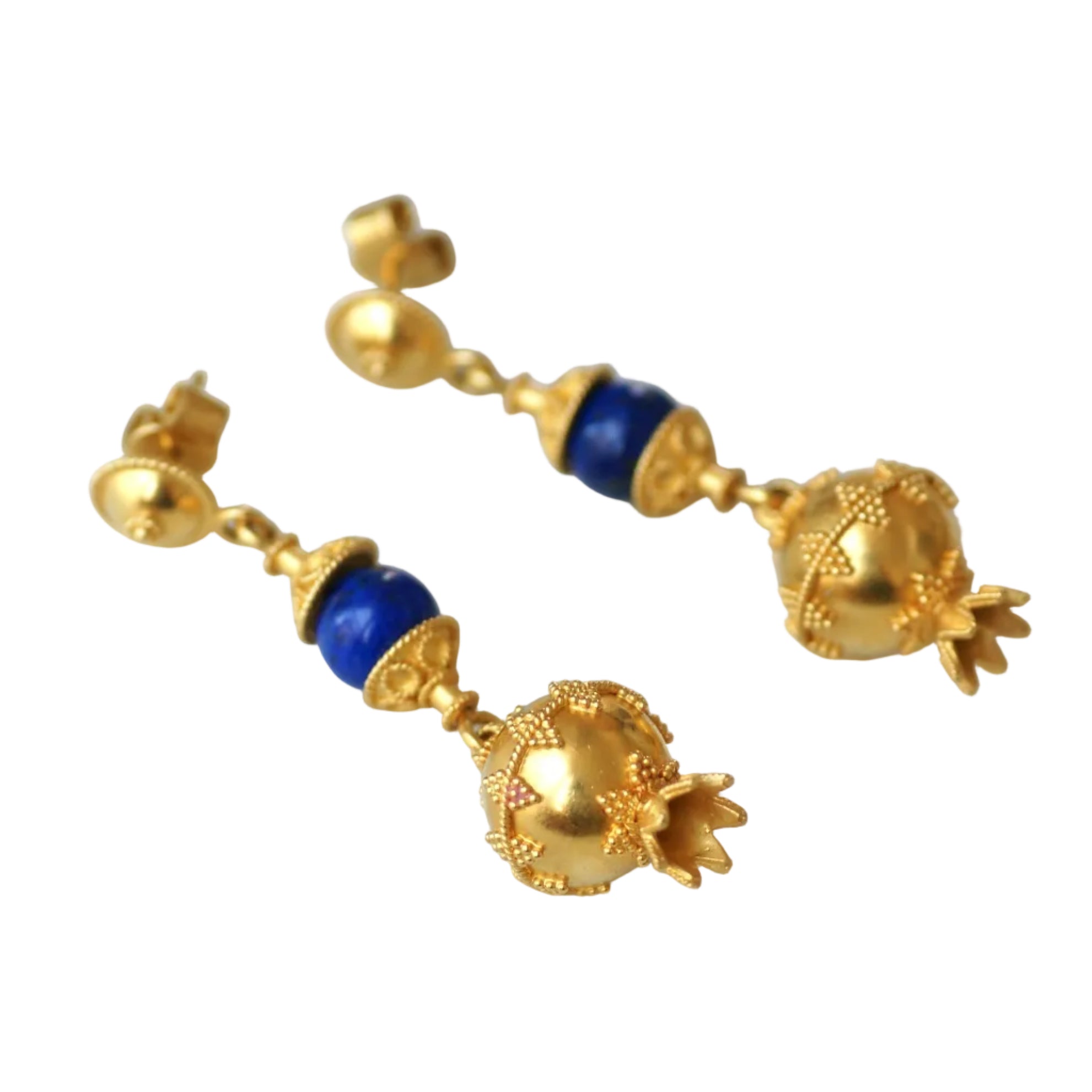 Boucles d'oreilles Pendantes en or jaune, lapis-lazuli et grenades