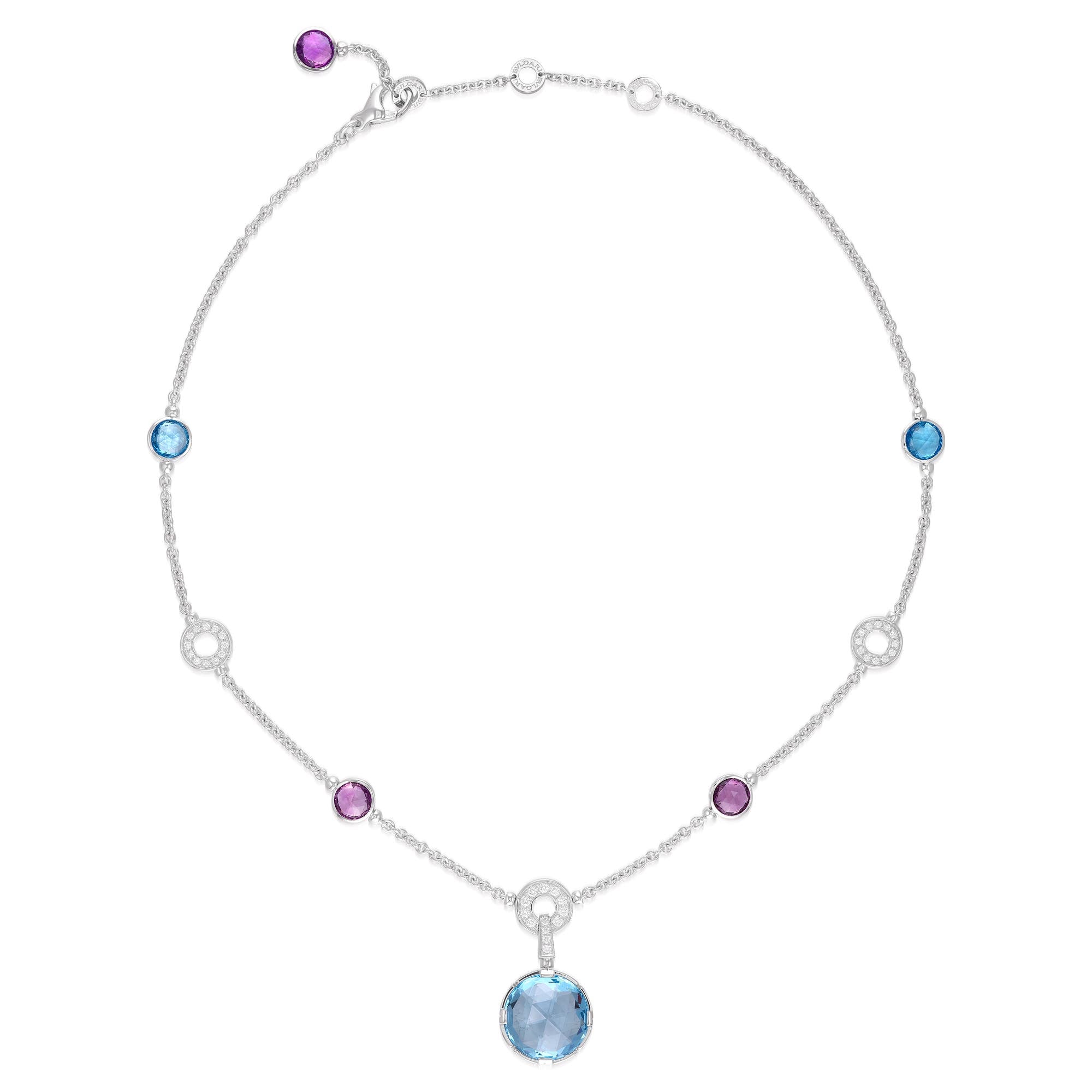 Collier BULGARI "Parentesi Cocktail" en or blanc, topazes bleues, améthystes et diamants