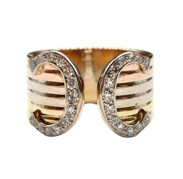 Bague Bandeau CARTIER "C de Cartier" en or blanc, or jaune, or rose et diamants