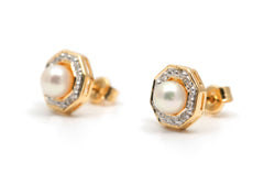 Boucles d'oreilles Puces en or jaune, perles et diamants