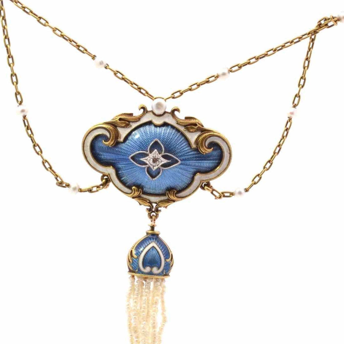 Collier ancien 19e perles fines, diamant et émail en or 18k