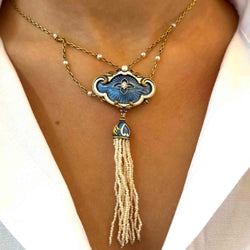 Collier ancien 19e perles fines, diamant et émail en or 18k