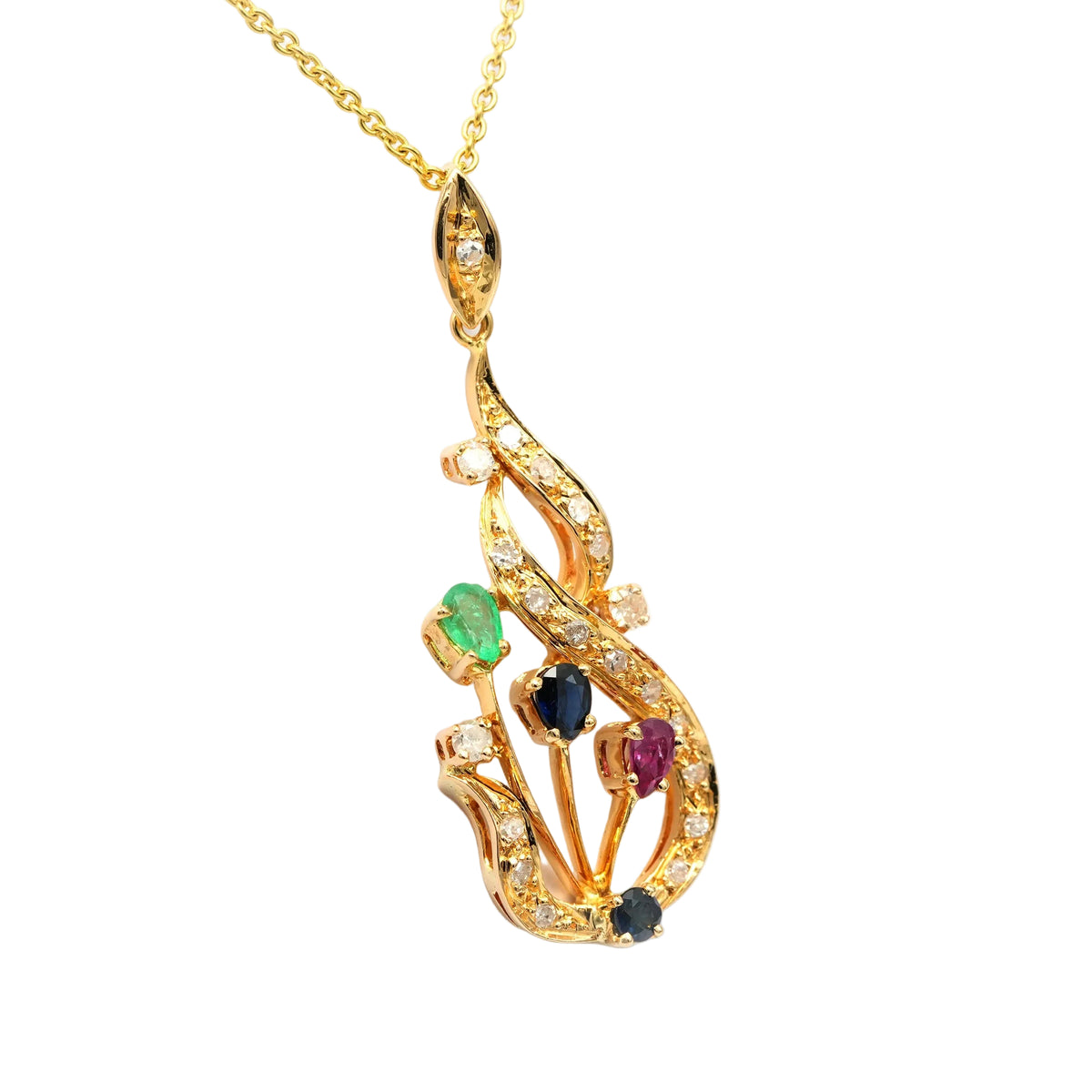 Pendentif en or jaune, rubis, saphirs, émeraudes et diamants