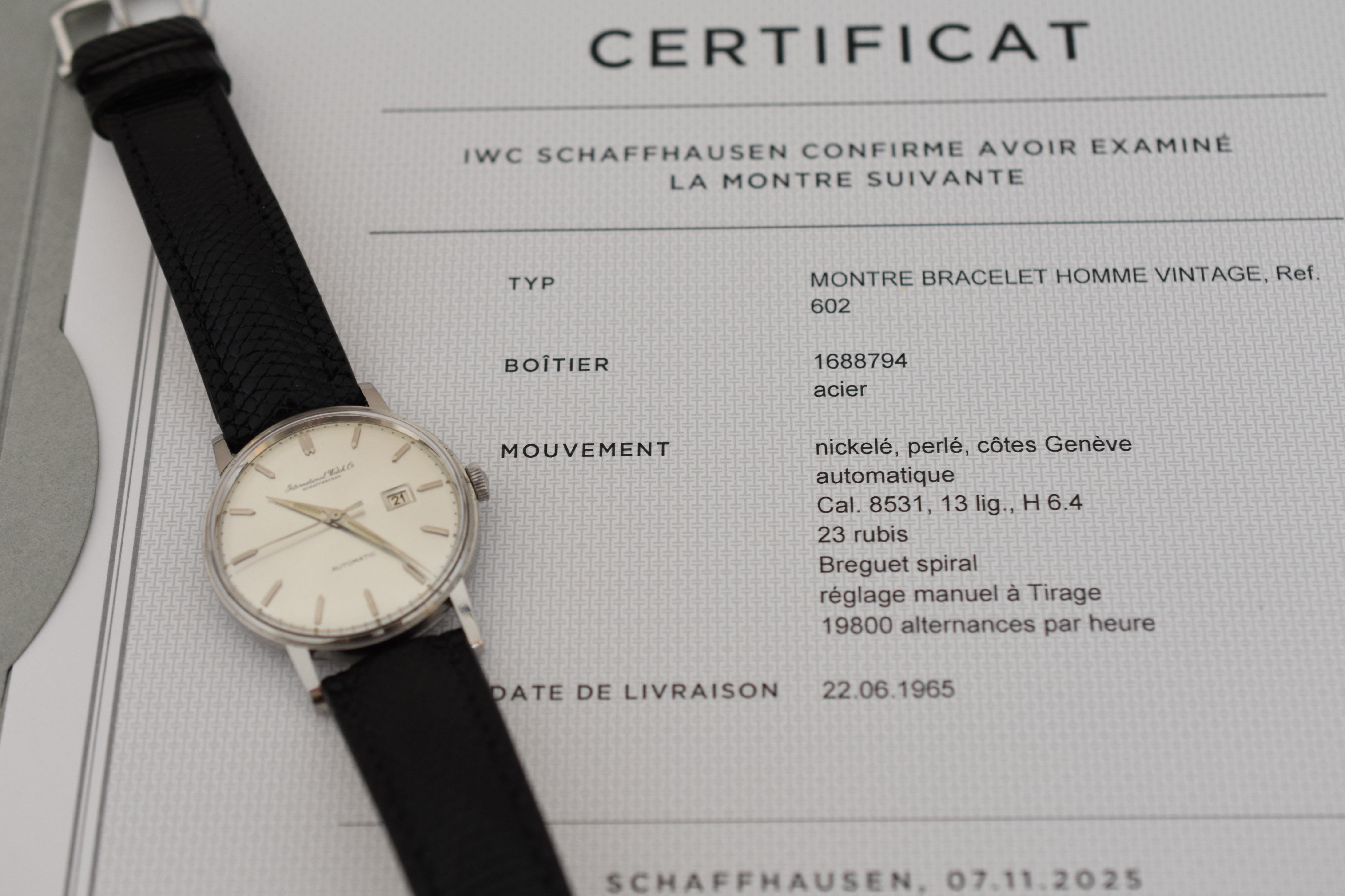 IWC Classique 1965, Calibre 8531 Pellaton, Réf. 602, full set avec certificat d'origine