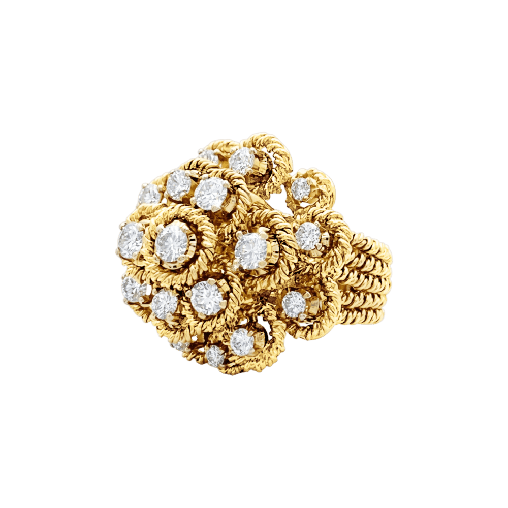 Bague fleur vintage, fils d'or jaune et diamants.