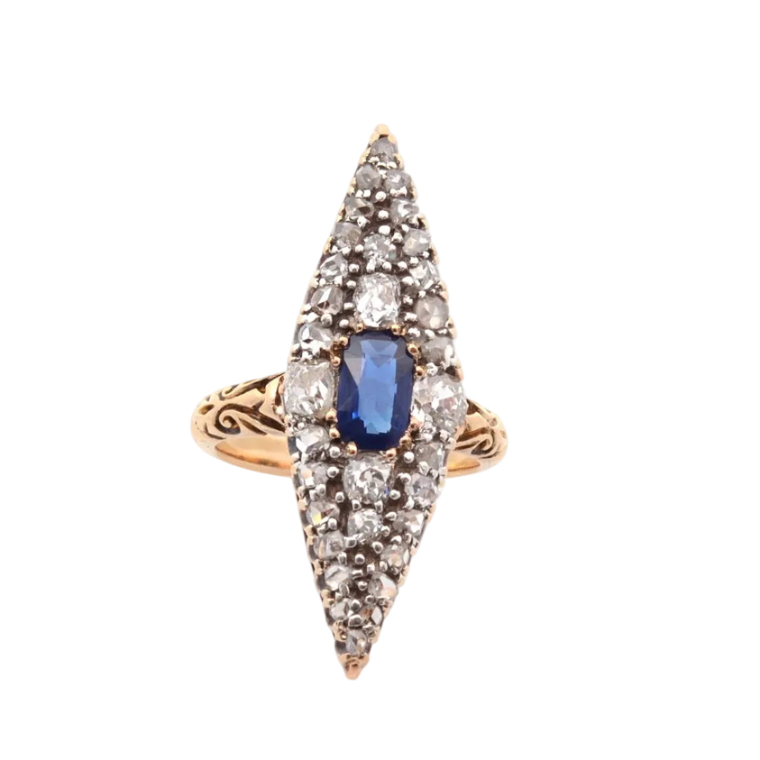 Bague marquise ancienne saphir et diamants