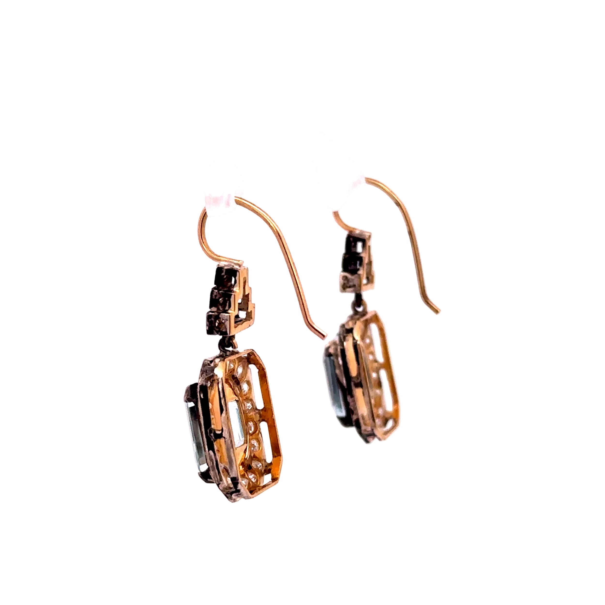 Boucles d'oreilles Pendantes en or jaune, argent, aigues-marines et diamants