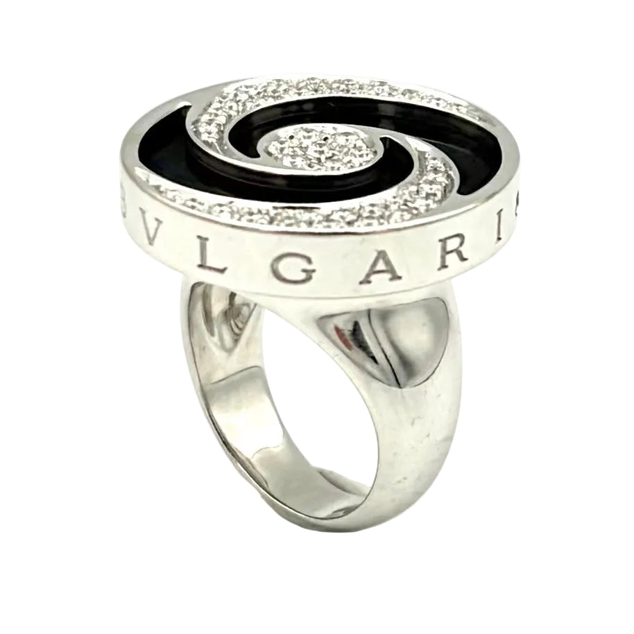 Bague Cocktail BULGARI "Optical" en or blanc, acier, onyx et diamants