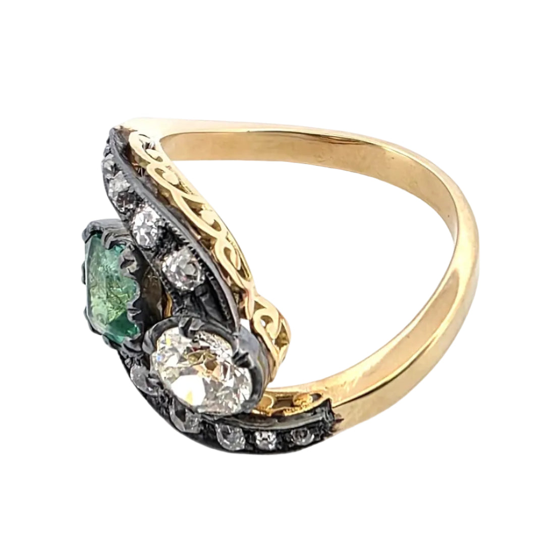 Bague Toi & Moi en or jaune, argent, émeraude et diamants