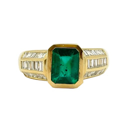 Bague Solitaire en or jaune, émeraude et diamants