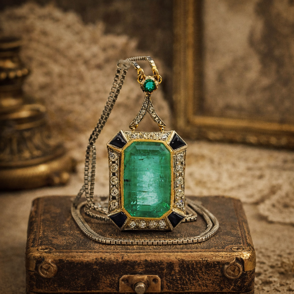 Collier Pendentif en or blanc, or jaune, platine, émeraude et diamants