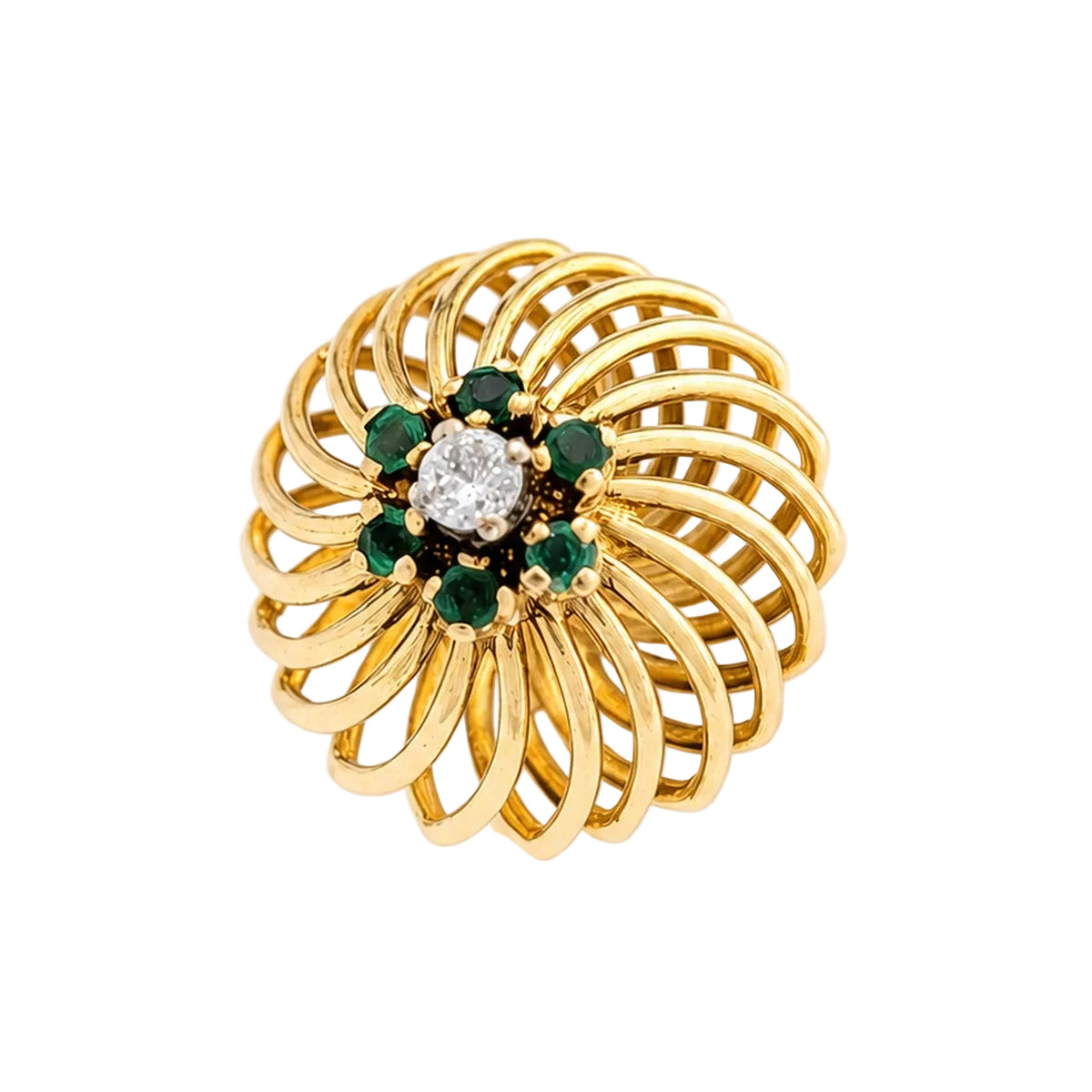 Bague Dôme en or jaune, pierres vertes et diamant