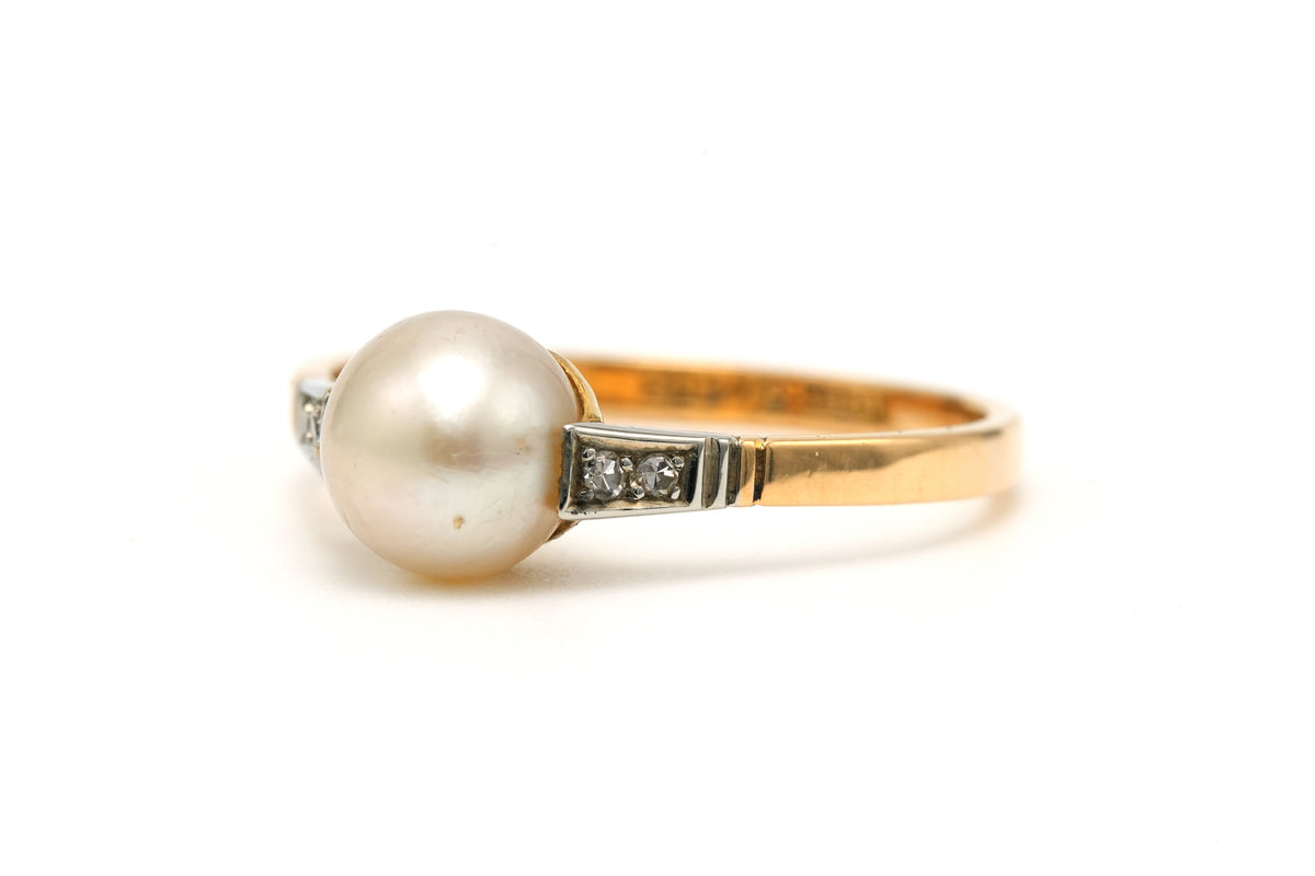 Bague Solitaire en or blanc, or jaune, perle et diamants