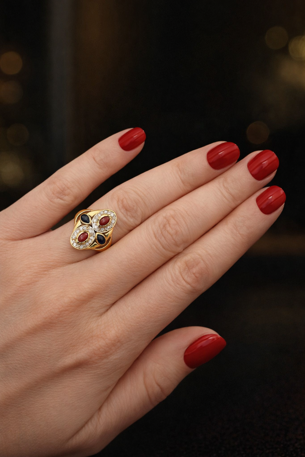 Bague Cocktail en or jaune, or blanc, rubis, saphirs et diamants