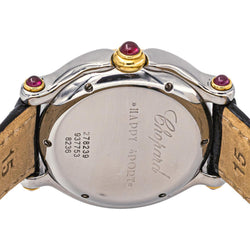 Montre CHOPARD "Happy Sport" en or jaune, acier, nacre, cuir, rubis, émeraudes, saphir et diamants