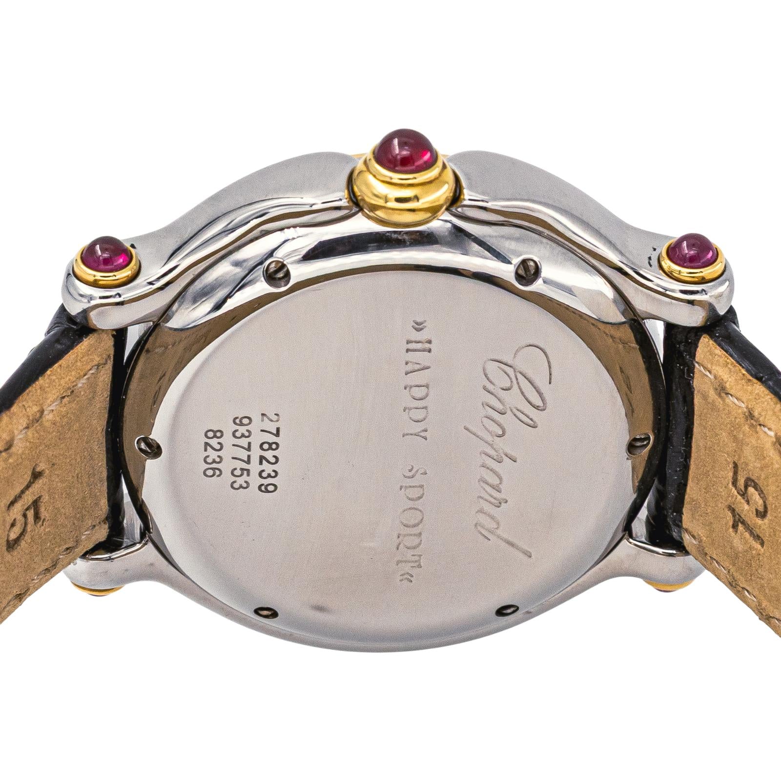 Montre CHOPARD "Happy Sport" en or jaune, acier, nacre, cuir, rubis, émeraudes, saphir et diamants