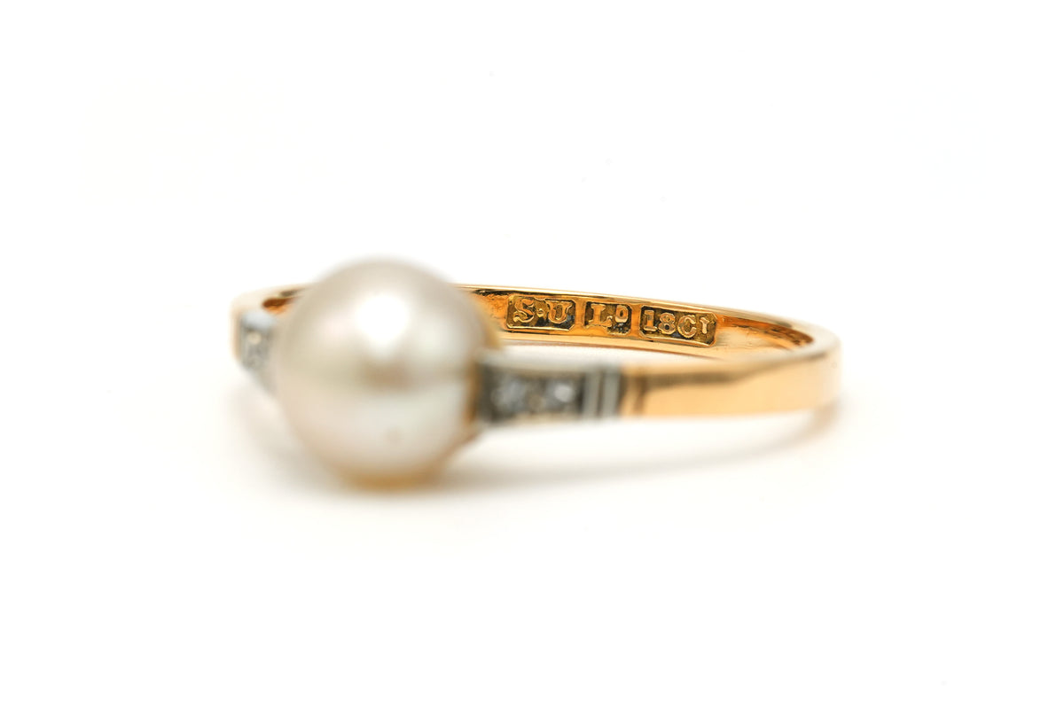 Bague Solitaire en or blanc, or jaune, perle et diamants
