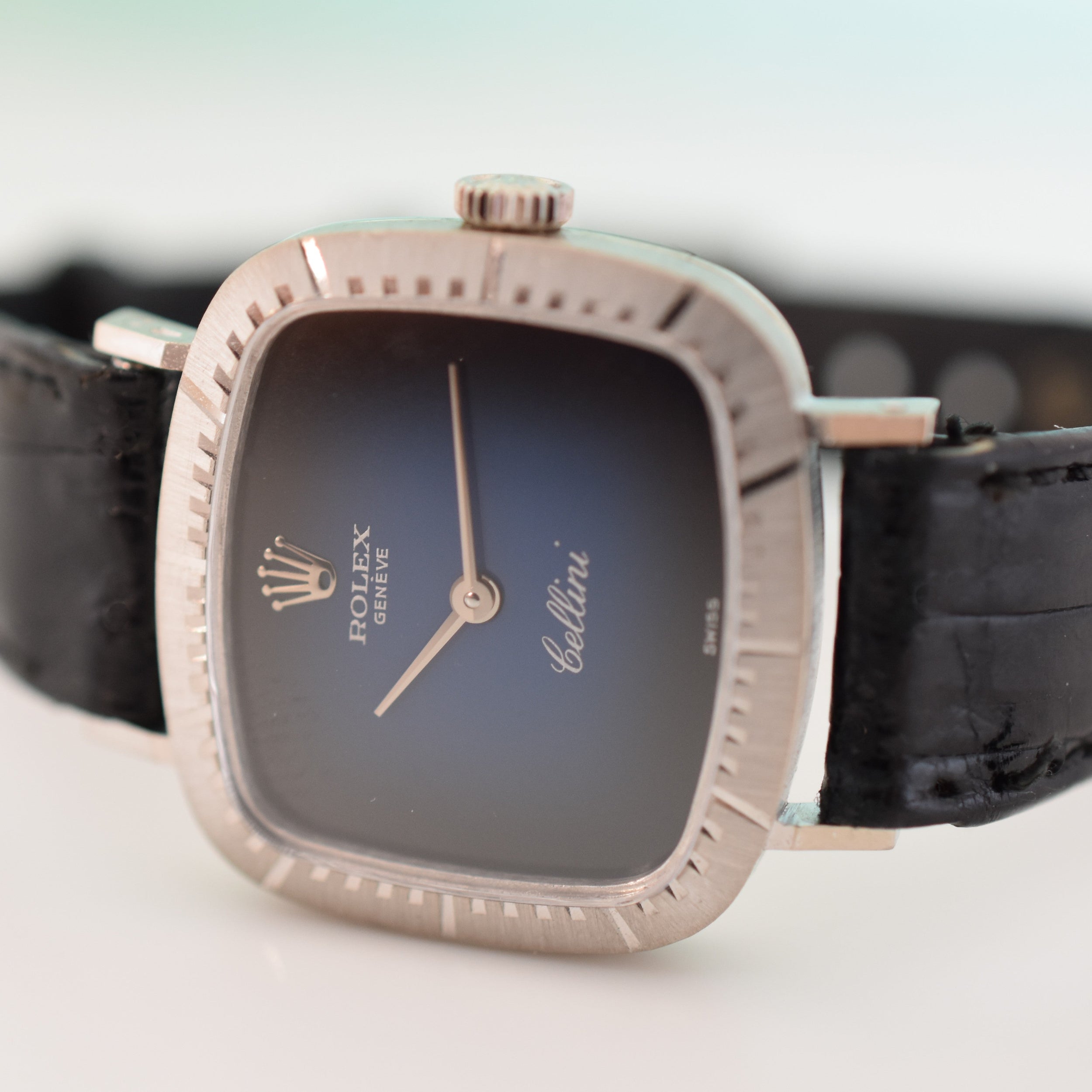 Montre ROLEX Cellini Zephir en or blanc, acier, cuir et rubis