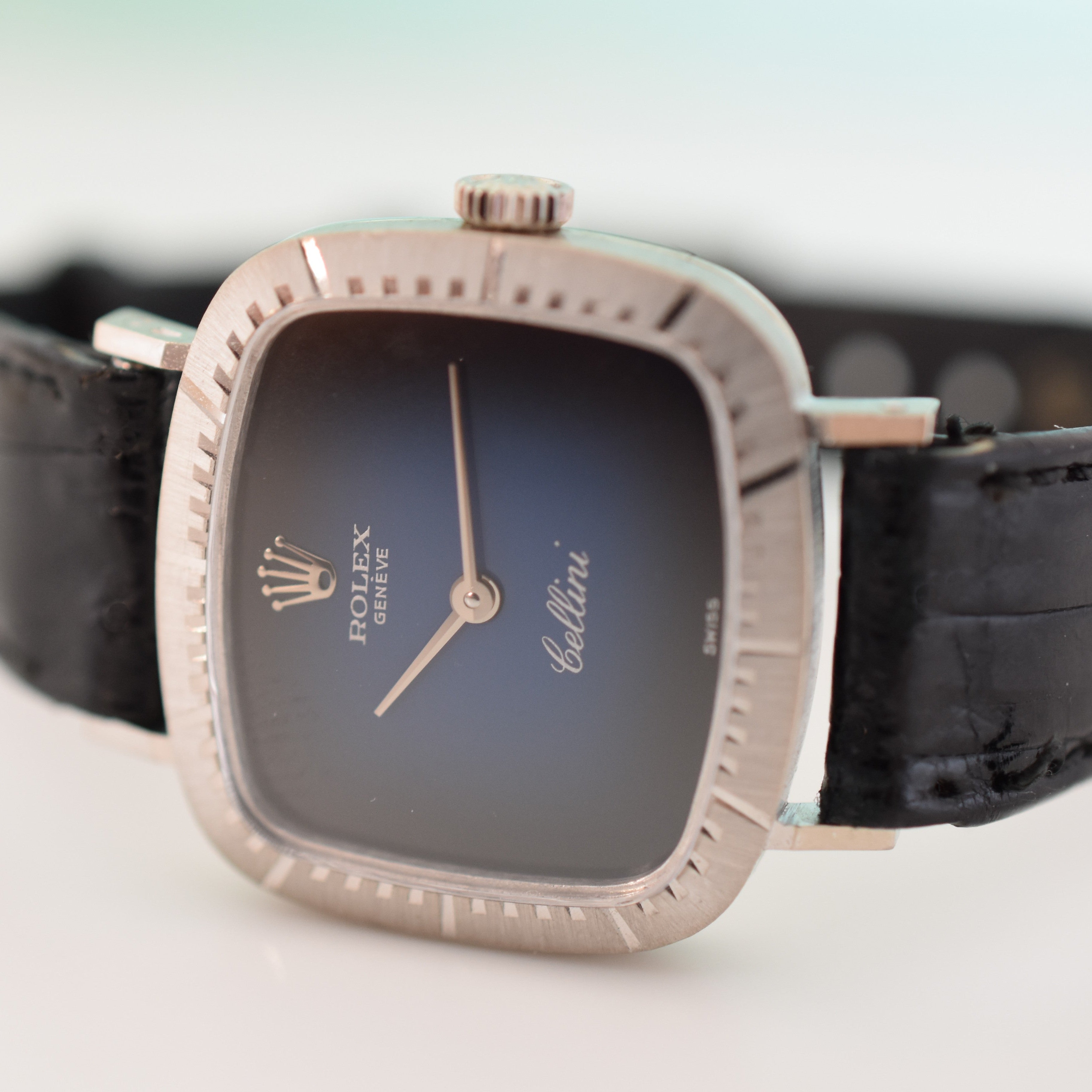 Montre ROLEX Cellini Zephir en or blanc, acier, cuir et rubis