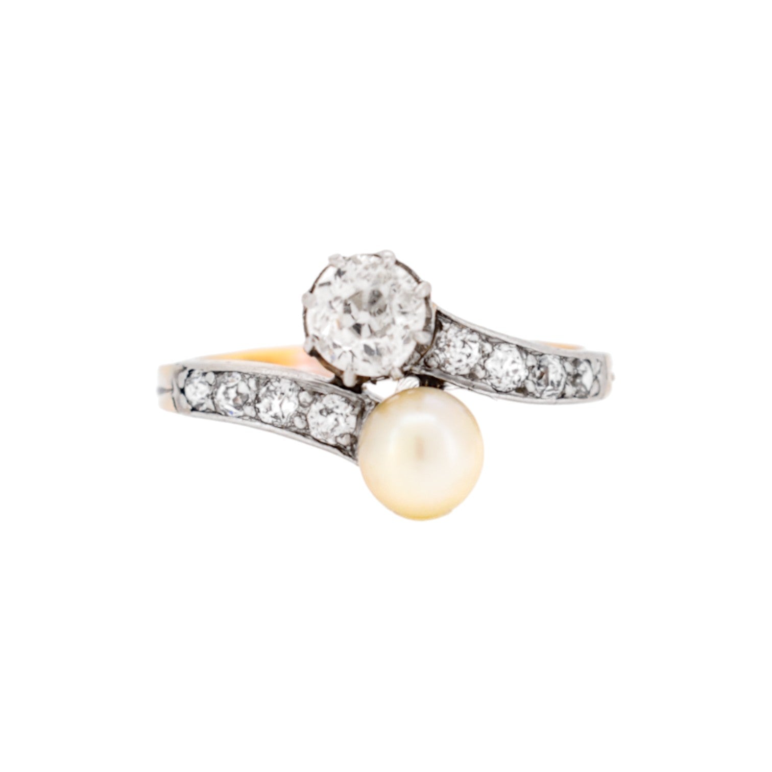 Bague Toi & Moi en or jaune, platine, perle et diamants