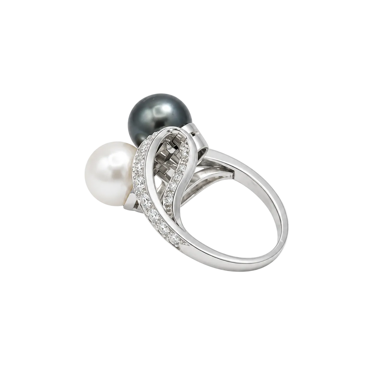 Bague Toi & Moi en platine, perles et diamants