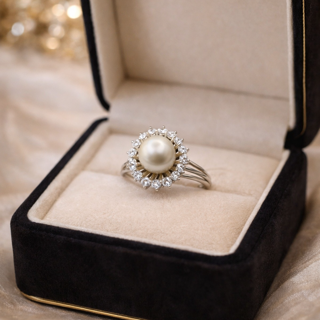 Bague Halo en on blanc, perle, et diamants