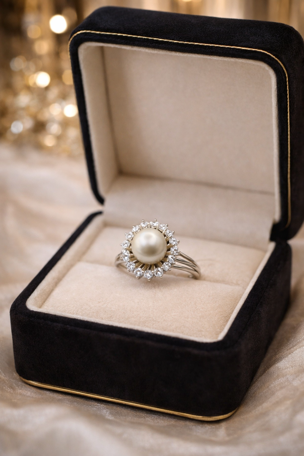 Bague Entourage en on blanc, perle et diamants